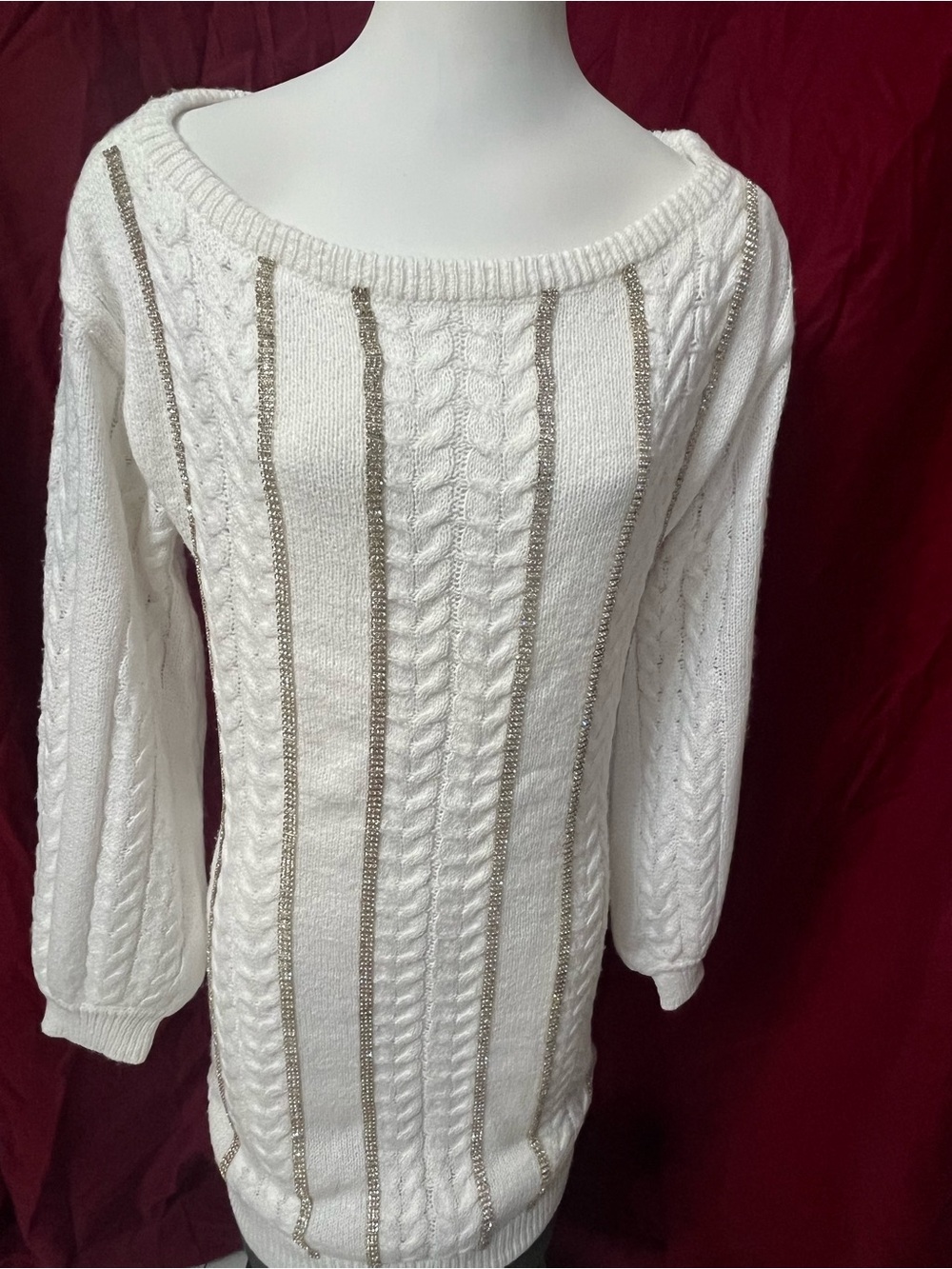 NWT VENUS Ivory Off-the-Shoulder Cable Knit Sweater Dress w/ Silver Rhinestones